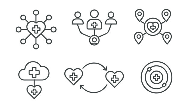 Line style icons of healthcare technology: care network icon, interconnected providers badge, multi-point patient access map, cloud health connection, service collaboration flow, referral integration