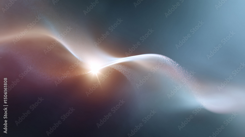 Poster elegant, abstract background featuring a dynamic wave of shimmering particles and a bright lens flar