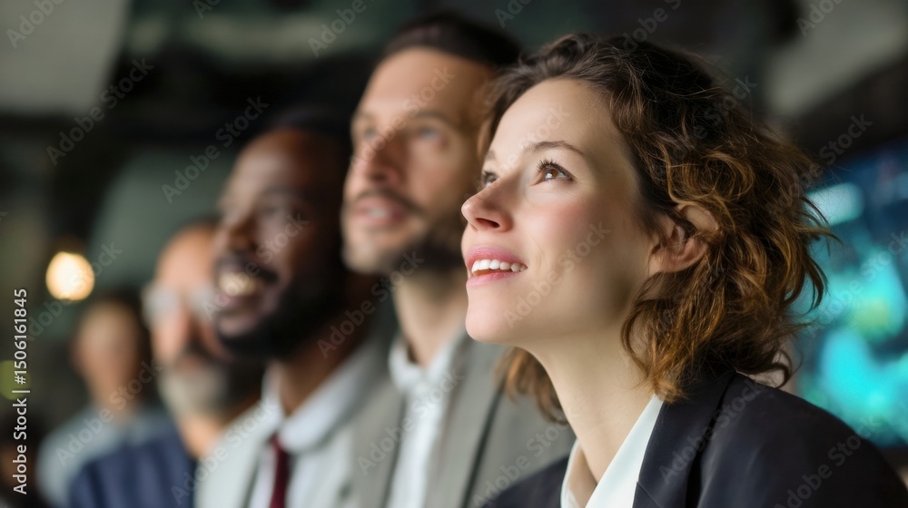 Aufkleber Diverse Business Team Looking Upward With Optimism, Representing Corporate Vision and Collaborative Innovation in the Modern Workplace Environment : Generative AI