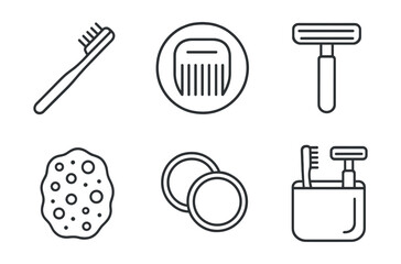 Line style icons of eco-friendly lifestyle: bamboo toothbrush icon, wooden comb badge, metal razor symbol, natural sponge icon, reusable cotton rounds, eco hygiene set, minimalist bathroom kit,