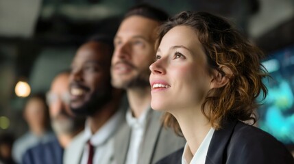 Diverse Business Team Looking Upward With Optimism, Representing Corporate Vision and Collaborative Innovation in the Modern Workplace Environment : Generative AI