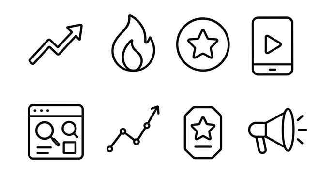 Line style icons of social media and communication: trending tab icon, viral post flame, top of feed badge, most viewed screen, explore top content panel, peak reach indicator, moment of the day tag,