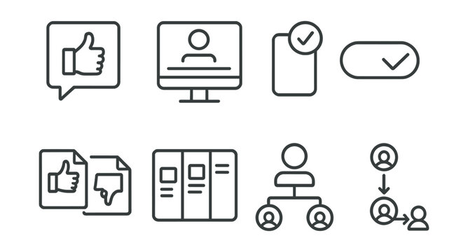 Line style icons of social media and communication: content approval icon, admin review screen, post awaiting check badge, pre-moderation toggle, approve/reject icon, content workflow board, team