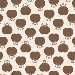 Brown heart-shaped floral motif pattern. Minimalist Simple Retro Earth-Tone Apple Fruit Silhouette Print. Rustic Apple Decor Motif Seamless.