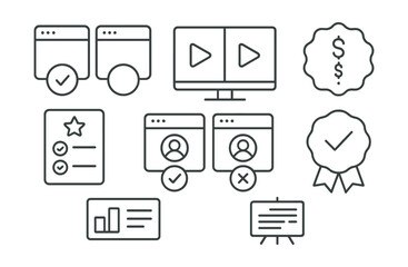 Line style icons of entertainment and media: platform comparison icon, content side-by-side screen, price tiers badge, subscription feature list, platform match card, best value indicator, service