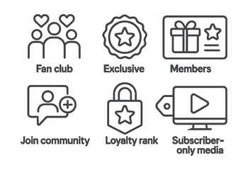 Line style icons of entertainment and media: fan club icon, exclusive content badge, member perks panel, join community symbol, private feed access, loyalty rank tag, subscriber-only media.