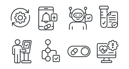 Line style icons of healthcare technology: automation cycle icon, auto-reminder for meds, health bot routine, lab result workflow, patient check-in automation, task sequence in care, health script