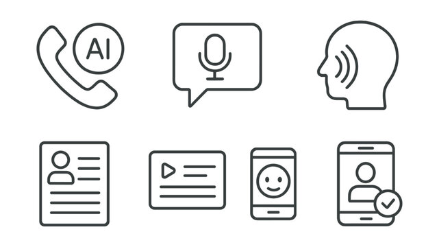 Line style icons of artificial intelligence: AI-powered voice call icon, speech-to-text badge, real-time transcription screen, voice intent analyzer, call summary assistant, voice tone reader, smart