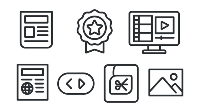 Line style icons of entertainment and media: daily digest icon, weekly summary badge, highlights from stream, clip compilation screen, news roundup panel, digest carousel tag, snapshot from the week.