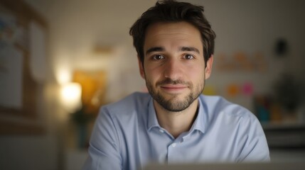 Obraz premium Smiling Young Man in Blue Shirt Working From Home, Representing Remote Work and Digital Nomad Lifestyle, With Focus on Productivity and Efficiency : Generative AI