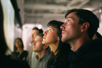 Group of People Looking Upward at Display Screen in a Museum, Representing Curiosity and Lifelong Learning for Team Building and Corporate Training : Generative AI