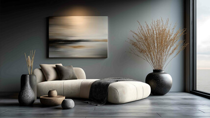 interior design photography minimalist living room clean design skandinavian style a white cord couch big painting on the wall matte black and wooden accesso