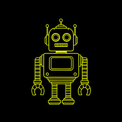 Neon yellow and black Retro Robot Drawing coloring book icon