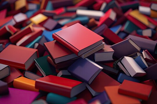 Colorful books piled high in a large collection.