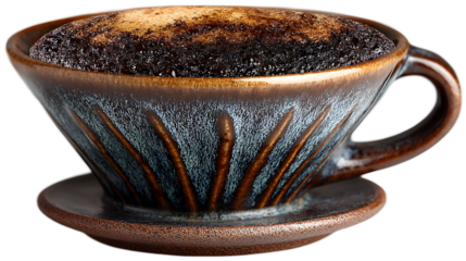 Closeup of freshly brewed coffee in a ceramic dripper