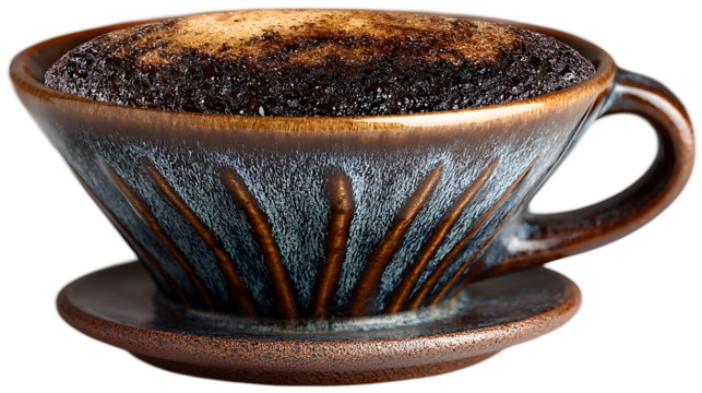Closeup of freshly brewed coffee in a ceramic dripper