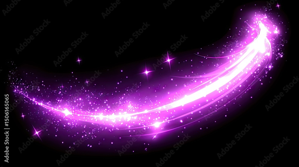 Poster abstract design with vibrant purple light trails and sparkling particles.