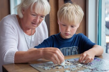 Grandmother and Grandson Assembling Jigsaw Puzzle Together, Representing Family Bonding and Intergenerational Learning, Promoting Leisure Activities : Generative AI