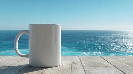 Obraz premium Coastal Calm: A serene scene of a white mug on a weathered wooden surface, with the turquoise sea stretching to the horizon.