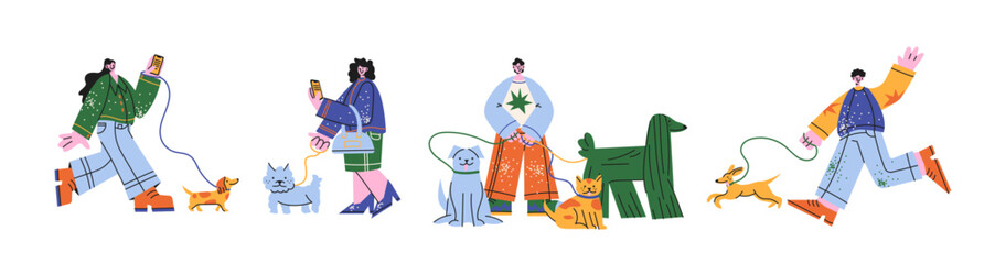 Urban characters walking pets in retro cartoon style. Mascot people  and animals: men, women, dogs, cats in city outfits. Illustration in funky, doodle style, trendy sticker set