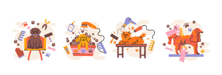 Pet grooming and care set in retro cartoon style. Animals and supplies: dogs, cats, scissors, brushes, paws, shampoo. Illustration in funky, doodle style, trendy sticker set