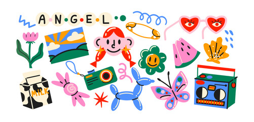 Retro hippie stickers 90s. Cartoon bright psychedelic elements, funky shapes, animals,fruits, vintage. Trendy doodle labels, patches, stamps