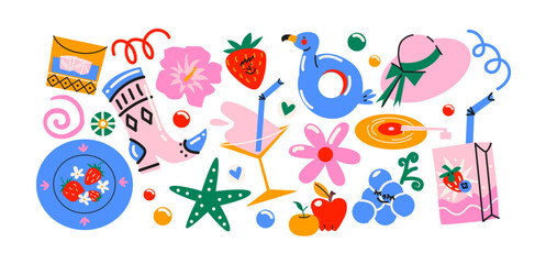 Retro hippie stickers 90s. Cartoon bright psychedelic elements, funky shapes, animals,fruits, vintage. Trendy doodle labels, patches, stamps