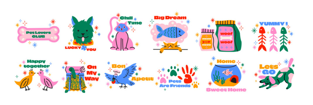 Colorful pet stikers in retro cartoon style. Cartoon elements: cats, dogs, birds, fish, paws, quotes. Illustration in funky, doodle style, trendy patches set.
