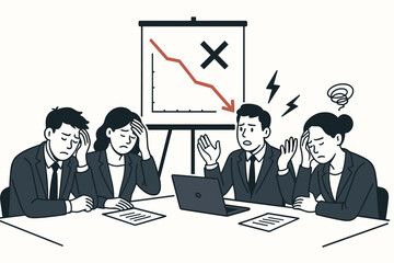 Frustrated corporate team faces business failure during tense meeting, reviewing negative downward trend chart presentation, colleagues stressed by decline and problems vector art.