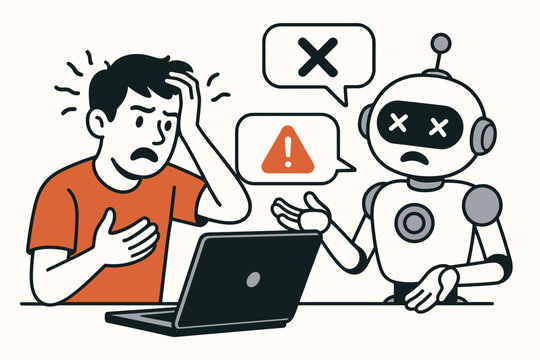 Frustrated man encounters chatbot error during laptop interaction, showcasing AI malfunction and user support issues. Vector illustration of technology failure and customer problem.