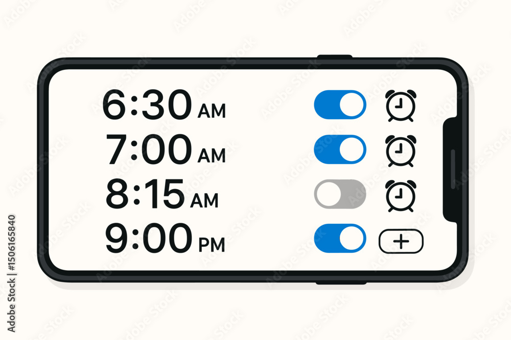 Poster alarm clock application ui on a modern smartphone screen, illustrating time management, scheduling a