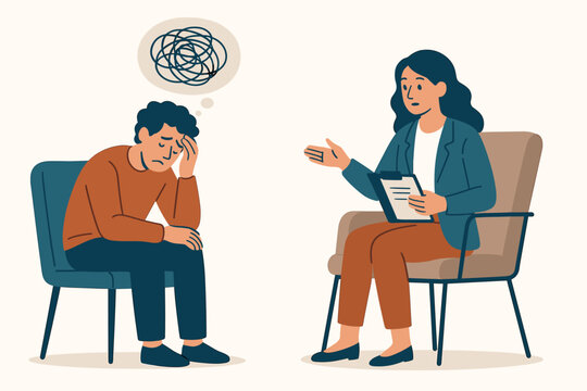 Mental health therapy session vector illustration. Man experiencing depression and anxiety talks with a female counselor or psychologist for support and professional treatment advice.