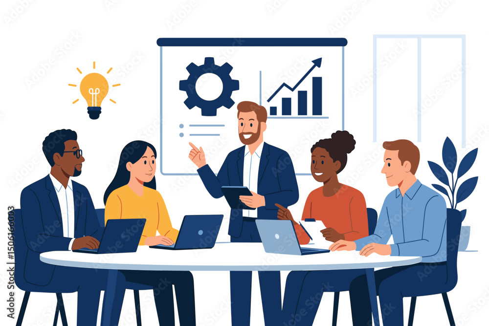 Poster flat design vector of a multicultural business team collaborating in an office boardroom. manager pr
