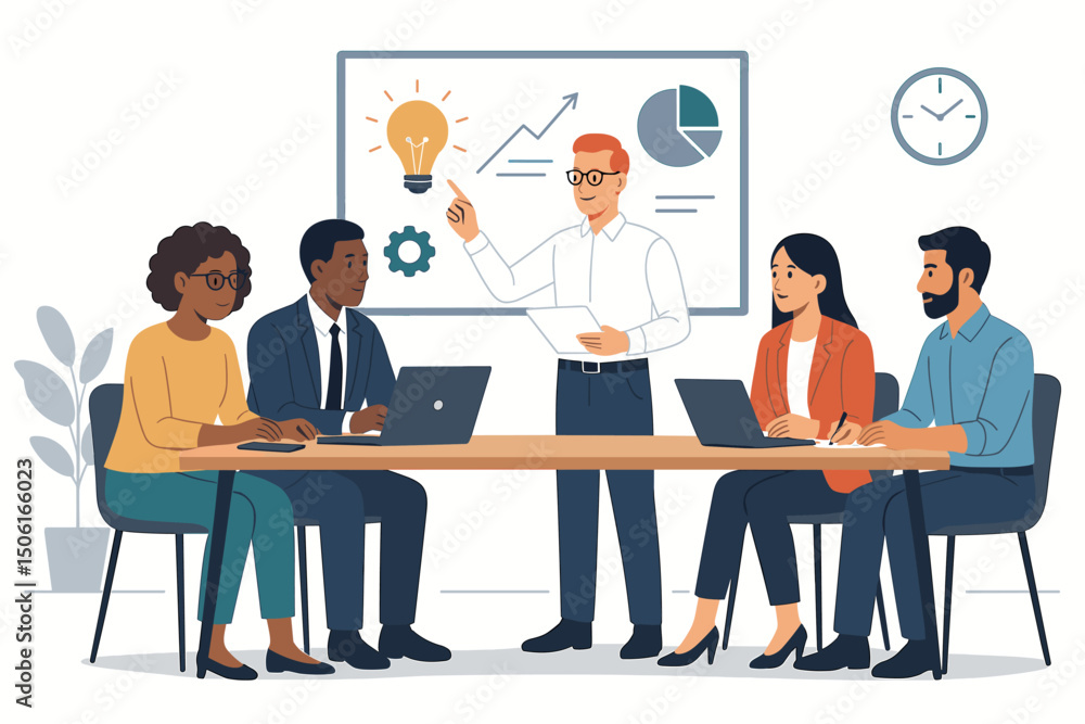 Poster flat vector illustration showing a diverse business group in a collaborative boardroom meeting. a pr