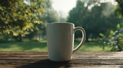 Morning serenity: A steaming mug sits on a weathered wooden table amidst a tranquil outdoor setting, bathed in soft sunlight.