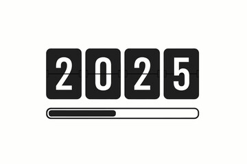 Vector illustration of a New Year 2025 countdown featuring a black and white flip clock display and loading bar. Modern minimalist design for upcoming year celebration or progress concept.