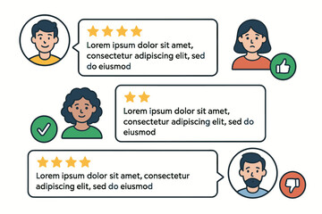 Customer review and feedback vector concept showcasing diverse user avatars, star ratings in speech bubbles, and satisfaction indicators like thumbs up/down for online testimonials.
