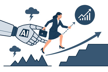 Businesswoman gets AI assistance from robot hand to cross chasm and climb growth chart stairs, symbolizing technological support for overcoming challenges and achieving success vector