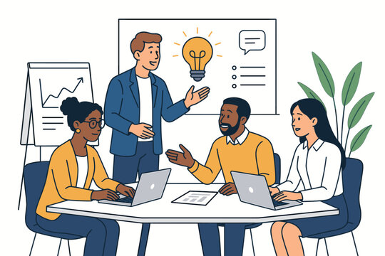 Diverse business team collaborating in a modern office meeting, brainstorming creative ideas and discussing growth strategy during a presentation. Flat line vector illustration. - Powered by Adobe
