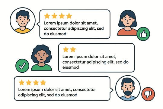 Customer review and feedback vector concept showcasing diverse user avatars, star ratings in speech bubbles, and satisfaction indicators like thumbs up/down for online testimonials.