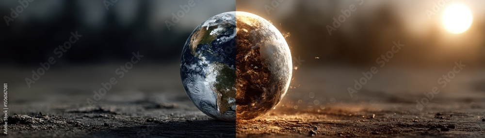 Poster global warming a split image of earth capturing contrasting light and shadows creatively.