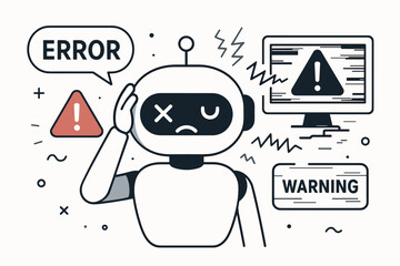 Line art vector illustration of a confused AI robot assistant experiencing a critical system error, showing warning signs, glitches, and malfunction messages on a computer screen.