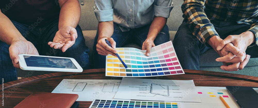 Wall mural professional creative team of web/graphic designer planning, drawing website ux app for mobile phone
