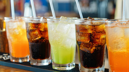 Medium close-up of a row of colorful fizzy soft drinks in tall glasses with ice cubes and white straws, on a black bar mat with a blurred background under bright ambient light.