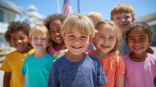 Kids enjoying a summer day playing tetherball under an American flag - Powered by Adobe