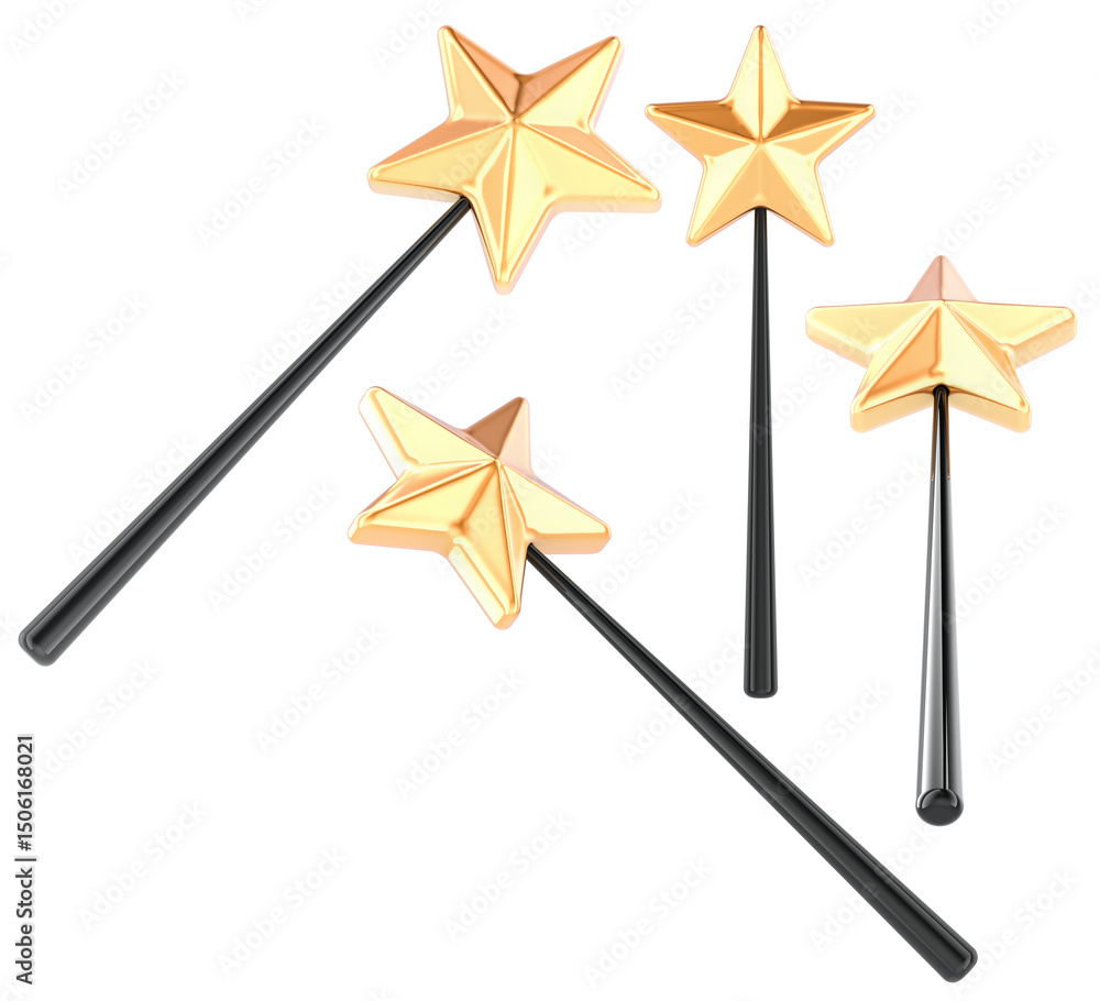 Poster magic wands with golden stars, multiple angles. 3d rendering isolated on transparent background