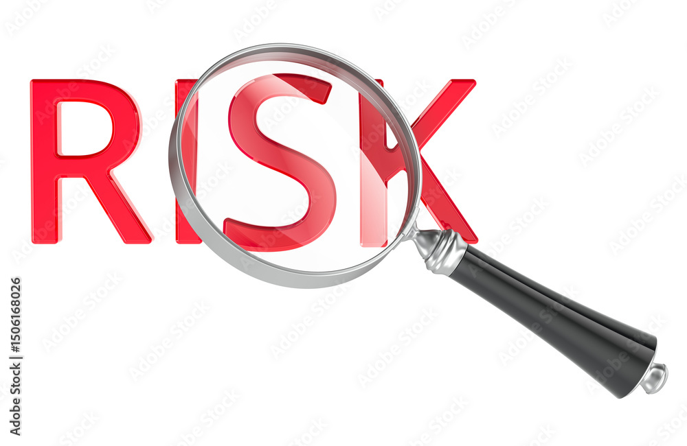 Poster risk under magnifying glass. 3d rendering isolated on transparent background