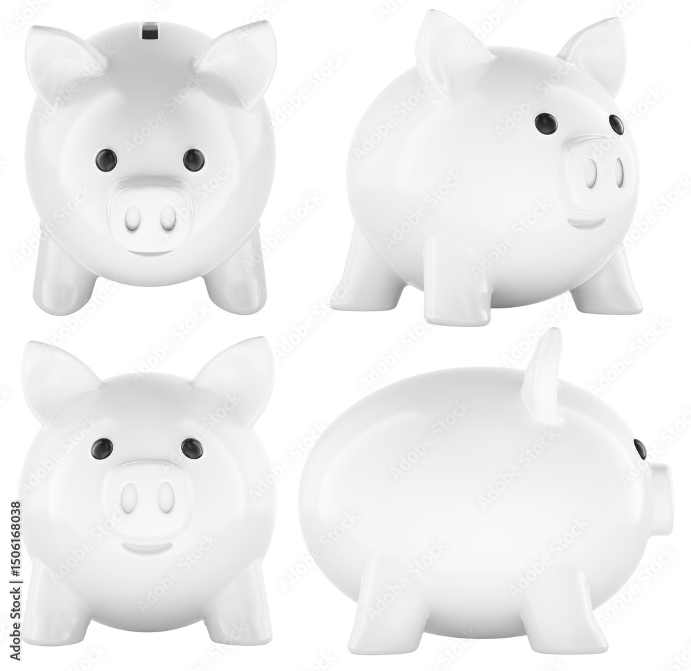 Poster piggy bank, white color, front and side views. 3d rendering isolated on transparent background