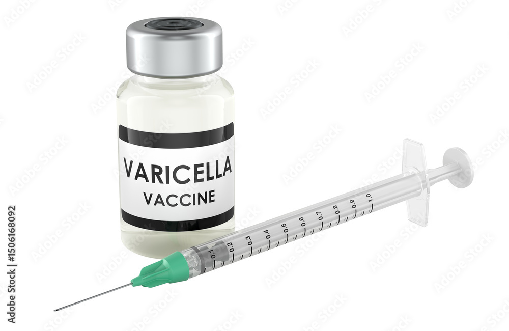 Poster varicella vaccine vial with syringe. 3d rendering isolated on transparent background