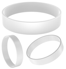 Silicone wristbands, white color, set mockup. Multiple angles. 3D rendering isolated on transparent background